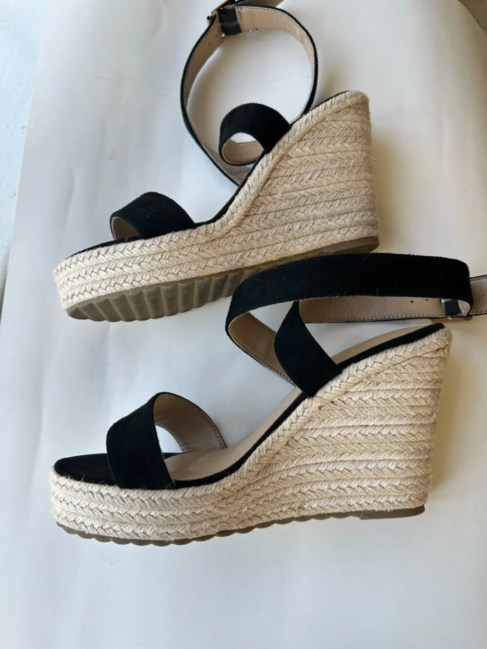 Lhamo Latso Black Suede Espadrille Wedge Sandals Cross Ankle Strap Size 40